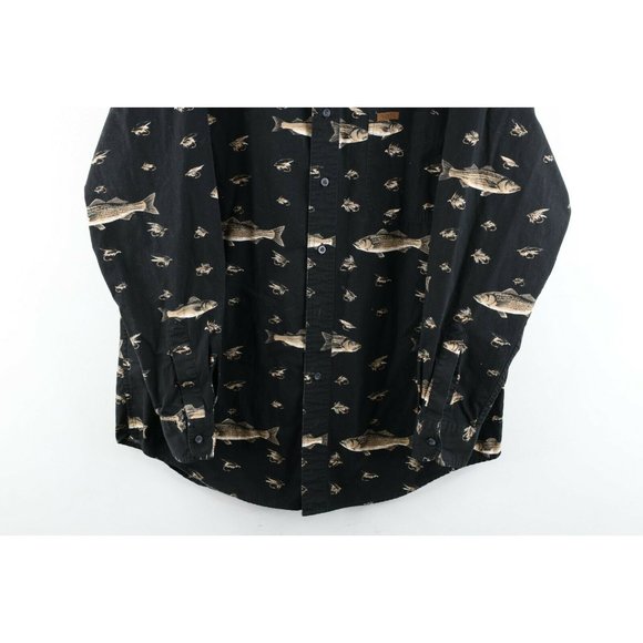 Vintage 90s Chaps Ralph Lauren Mens Large Fish All Over Print Button Shirt Black - Picture 3 of 9